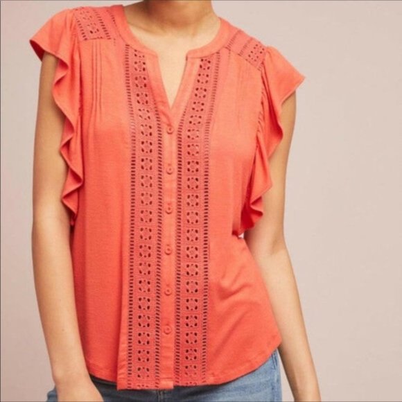 Maeve Tops - Anthropologie Maeve Kailana Orange Flutter Sleeve Button Front Eyelet Top Small